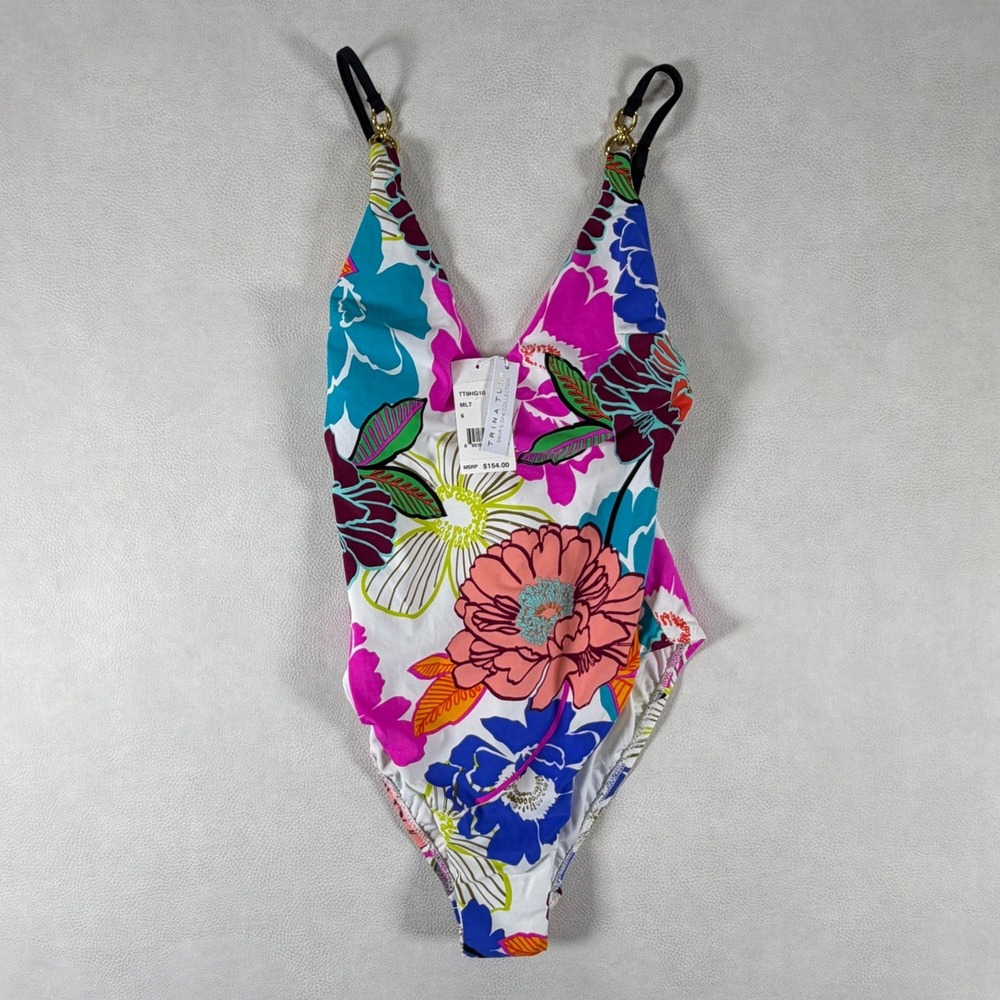 Trina Turk Womens Size 6 Floral V-Neck One Piece Swimsuit Pink Gold Chain